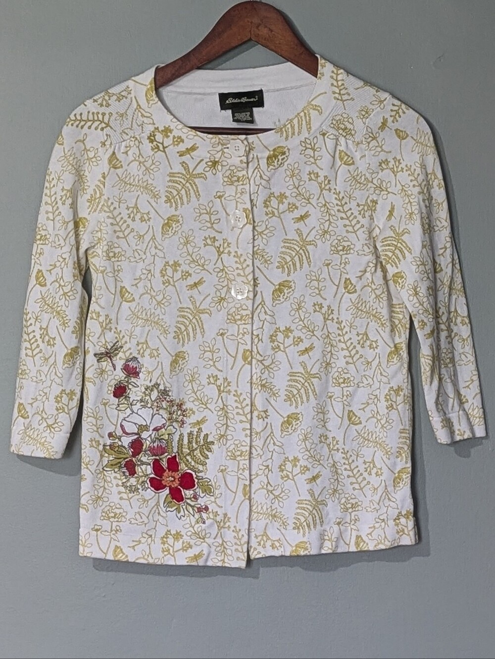 Eddie Bauer Women's White Floral Embroidered Cardigan Fairycore Whimsical Folky